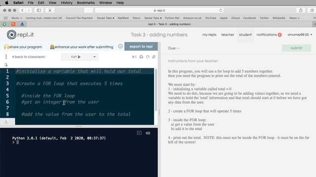 GCSE Computer Science - Python For Loop Tasks for May 2020