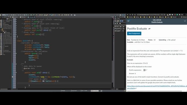 Postfix Java assignment (part 5, queue class) | Data Structures and Algorithm Analysis Lab2
