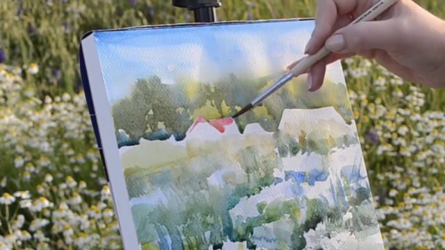 Пейзаж с ромашками акварелью смотреть онлайн