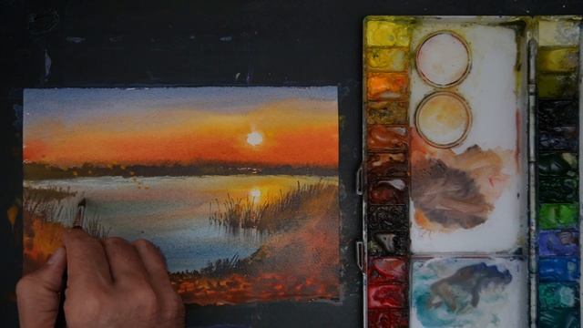 Watercolor Sunset Tutorial - Tree and River смотреть онлайн
