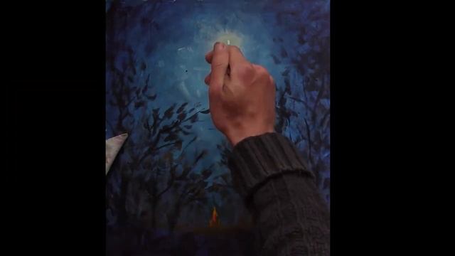 Костер в ночном лесу - Как нарисовать этот фантастический пейзаж акриловыми красками на холсте. смотреть онлайн