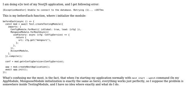 Unable to connect to MongoDB only from TestingModule in NestJS (2 Solutions!!) смотреть онлайн