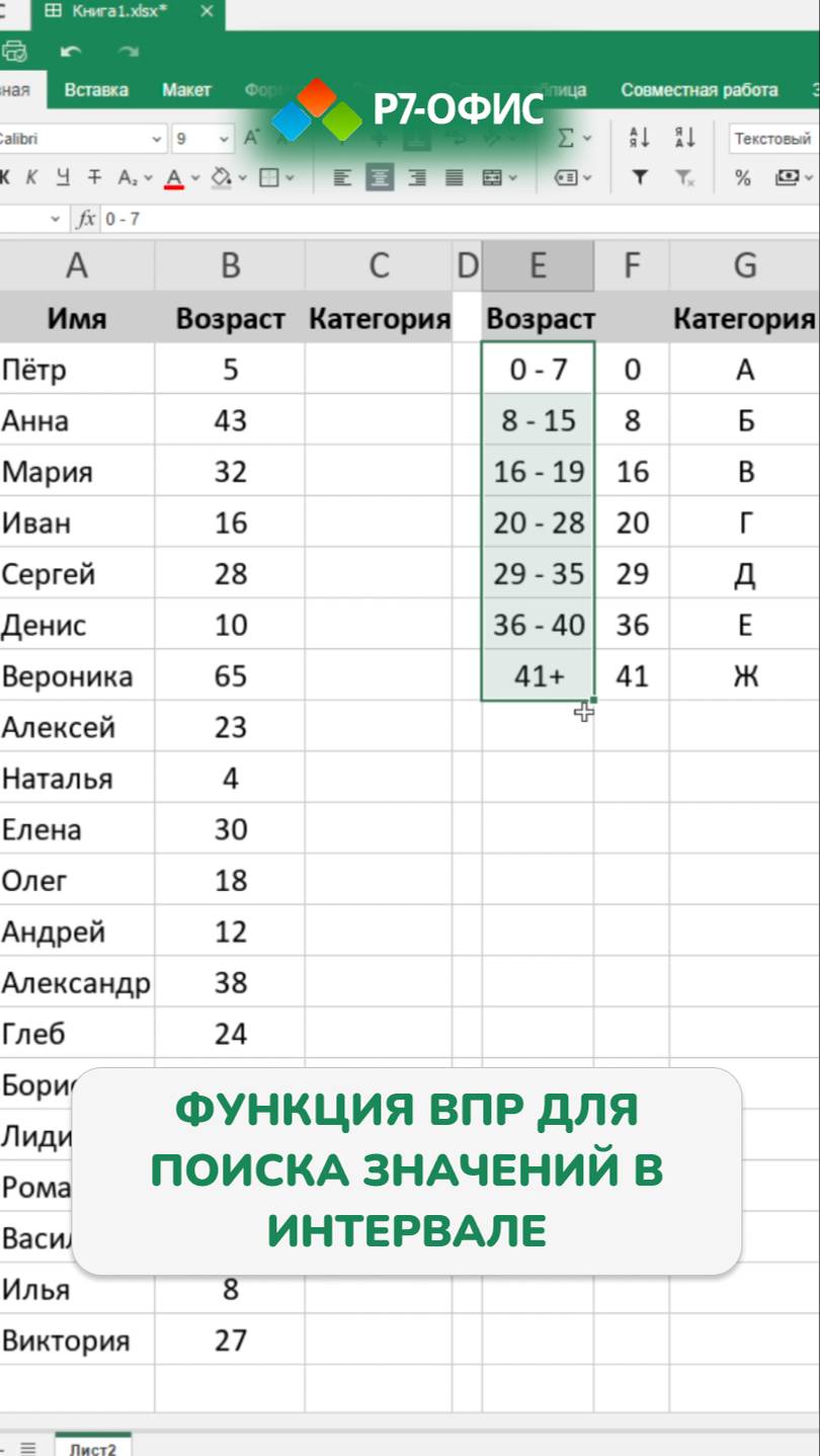 Как с помощью функции ВПР в Р7- Офис найти значения в интервале