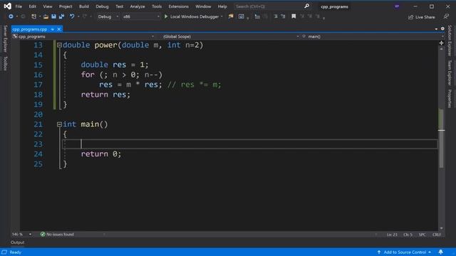 Find m to power n with default argument in C++