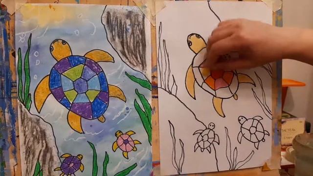 Рисуем морскую черепаху.  Масляная пастель, чёрный маркер, акварель