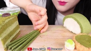 ASMR GREEN TEA *BUBBLE TEA, STARBUCKS CAKE, BROWNIES, ROLL CAKE 녹차 버블티, 스타벅스 케이크 먹방 JANE ASMR 제인