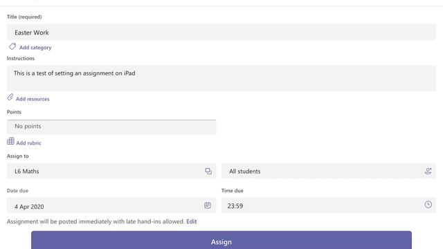 Setting an assignment in Microsoft Teams on the iPad