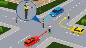 ?Кому можно проехать перекрёсток при данном сигнале регулировщика ?