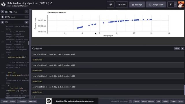 Нейронная сеть. Обучение без учителя. Алгоритм Хебба на JavaScript. Анализ временных рядов Биткоина