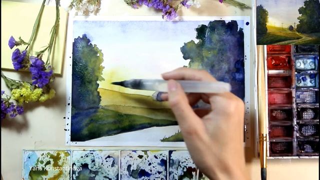 Как нарисовать пейзаж акварелью. Рисуем вечерний пейзаж.