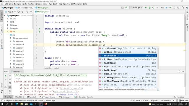 Java - урок 59.1 (класс Optional (isPresent, ofNulleble, orElse). Защита от NullPointerException) смотреть онлайн