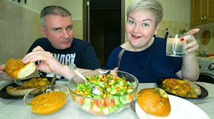 Мукбанг отмечаем мою причёску) Обстебала Вовчика, довёл! Ужин салат, колбаски, булочки