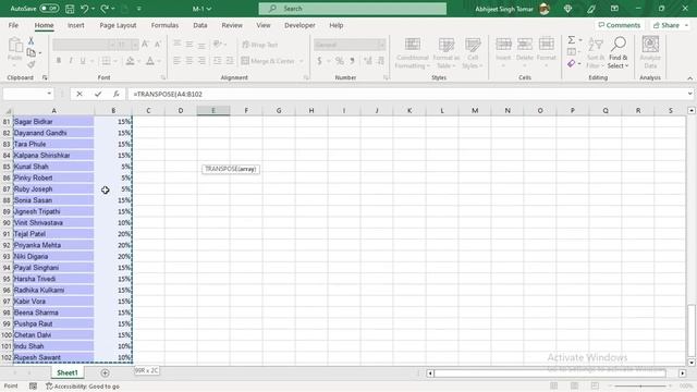 The TRANSPOSE function in Excel, along with an example (HINDI)