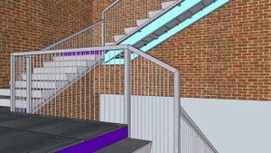 Сборная бетонная лестница по косоурам из швеллера, с ограждениями и перилами.