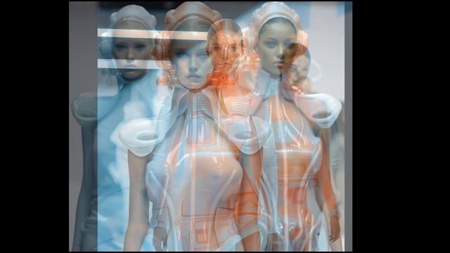 Футуристический показ мод с моделями в одежде, меняющей форму и цвет (нейросеть)