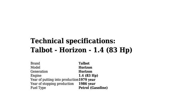 Talbot - Horizon - 1.4 (83 Hp) - Technical specifications смотреть онлайн