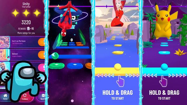 Among Us VS Spider Man VS 2 Phut Hon VS Picachu - Tiles Hop EDM Rush | Color Hop 3D смотреть онлайн