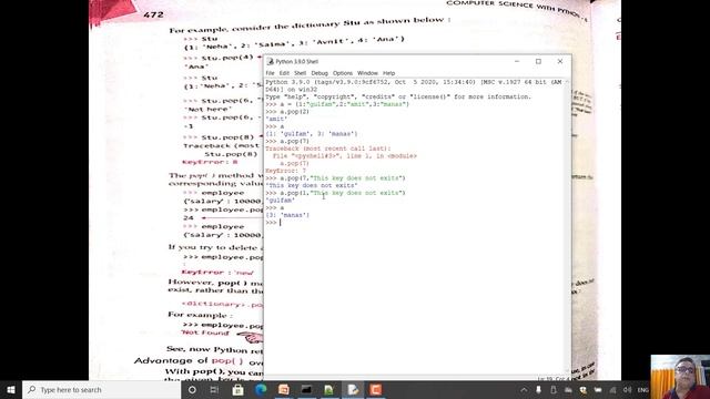 Python class X1 chapter 13 Dictionaries | Delete pop popitem clear method | CBSE Class 11 Python