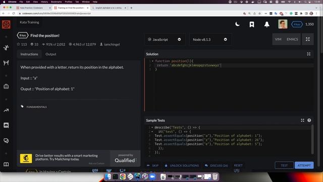 РЕШЕНИЕ задачи в Codewars на JavaScript. Порядковый номер буквы в алфавите смотреть онлайн
