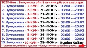 ЗУЛХИЖЖА ОЙИ РЎЗАСИ 2023 ВА ТАҚВИМИ / ZULHIJJA OYI RO'ZA VAQTLARI 2023 TAQVIMI OG'IZ OCHISH DUOSI