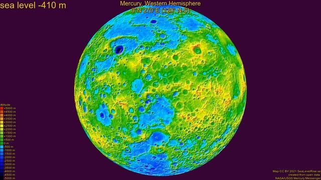 Mercury, Western Hemisphere, fictional sea level change 4600 - -5400 m смотреть онлайн