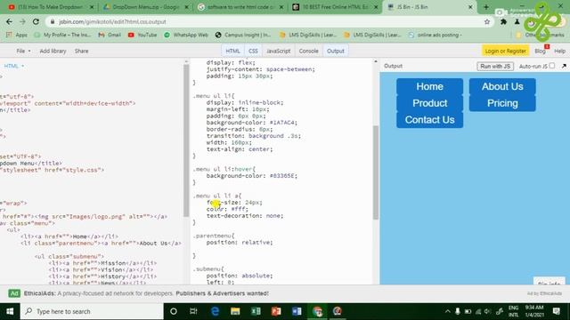 tutorial 05 how to create dropdown manue by html and css in website || js bin || vs code
