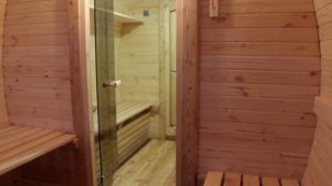 Баня-бочка-окта длиной 4,5 метра в исполнении "Зима".