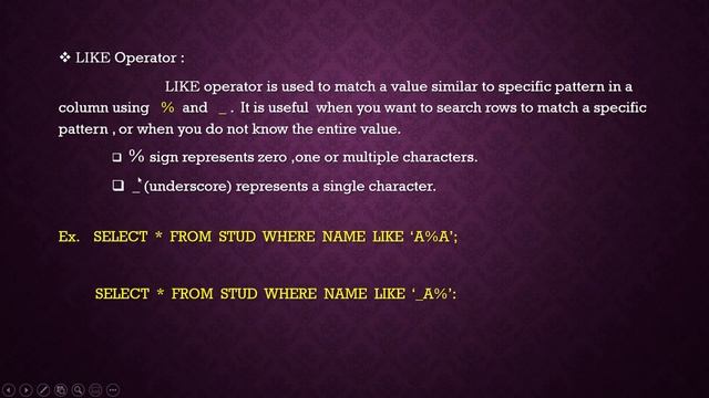 SQL OPERATORS ( Arithmetic Op., Relational Op., Logical Op. , LIKE , IN , BETWEEN, DISTINCT )