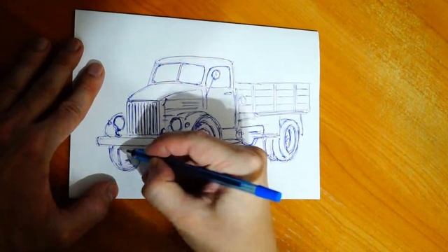 Как нарисовать грузовик ГАЗ 51 ручкой. Быстрый рисунок ручкой