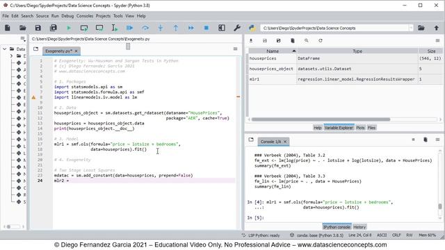 Exogeneity. Wu-Hausman and Sargan Tests in Python (Spyder)