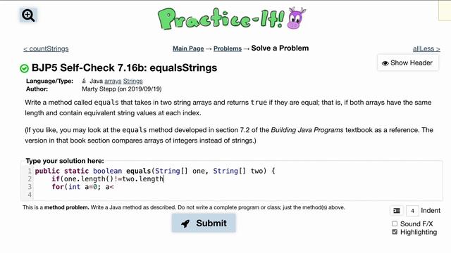 Java Practice It | Self-Check 7.16b: equalsStrings | arrays, syntax, array basics смотреть онлайн