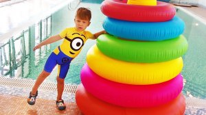 Bad kid Steals Stacking Ring Toy in Pool, Learn colors with Baby Songs, nursery rhyme for kids song