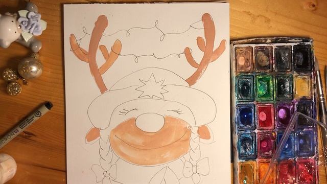 Новогодняя открытка. Рисуем оленя. Рисование для детей. Рисовать легко смотреть онлайн