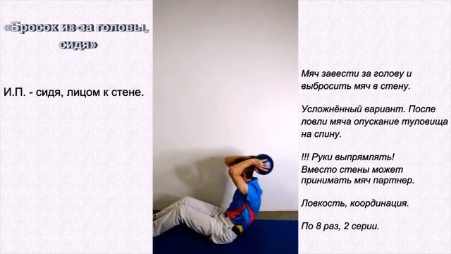 Упражнения с мячом - "Бросок из-за головы, сидя"
