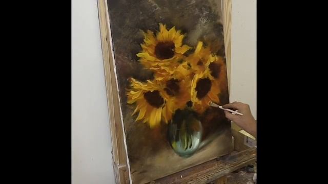 Подсолнухи на сером фоне. Этюд. Sunflowers on a gray background. Etude. Подсолнухи маслом смотреть онлайн