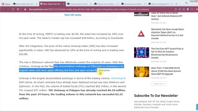 Polygon (MATIC) обновил исторический максимум. Достигал $2,70. Причины. Uniswap. Браузер Opera смотреть онлайн