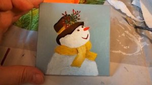 Miniature. Acrylique. Bonhomme de neige/ Snowman/ Снеговик - Снежная баба