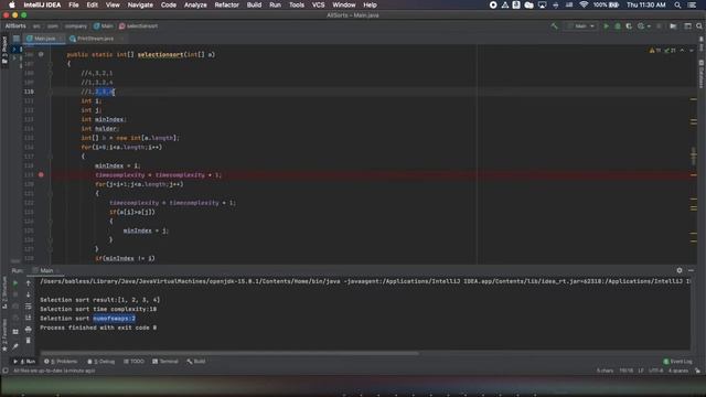 Selection Sort algorithm implementation in Java, time and space complexity explained