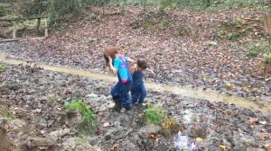 Kids stuck in the mud. Ella falls in mud and cow poop trying to get Caleb’s boots