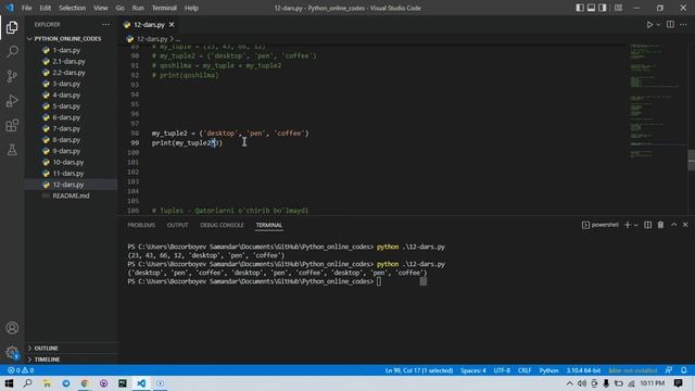 #python #dasturlash #12.2py_kurs_Ro’yxat bilan ishlash. O’zgarmas ro’yxatlar (Tuples) смотреть онлайн
