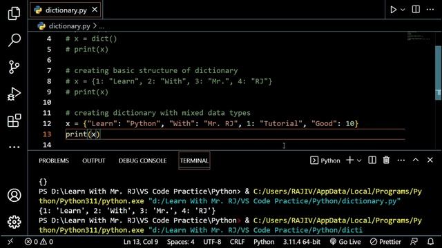Data Types in Python Dictionary Practice Part 1(Empty, Mixed Data Type & Items Pair) @LearnWithMrRJ