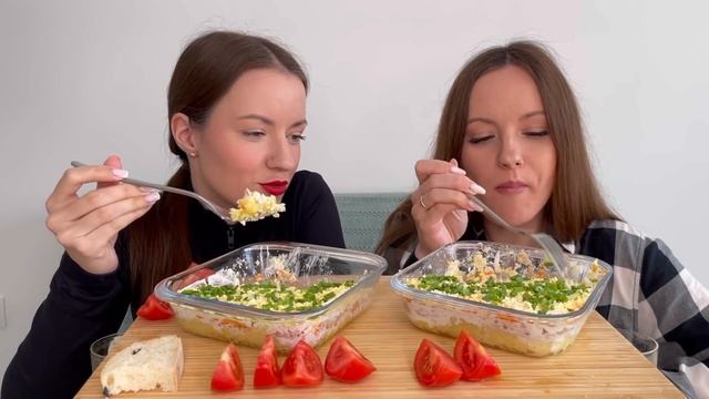 МУКБАНГ САЛАТ МИМОЗА MUKBANG MIMOSA SALAD ответы на вопросы