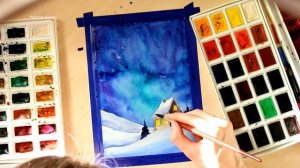 Рисую зимний пейзаж акварелью. Домик в лесу.