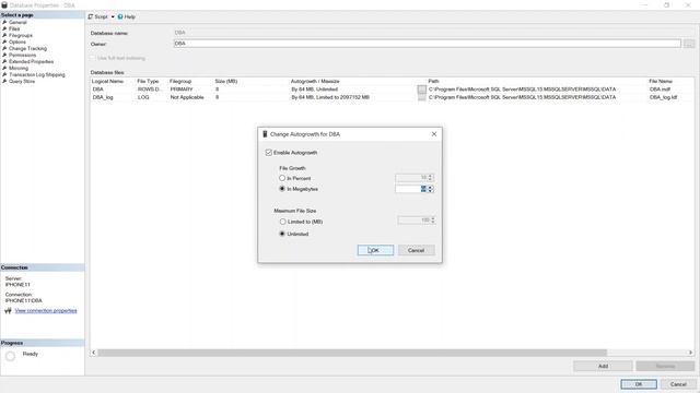 How to set autogrowth in SQL Server 2019 database