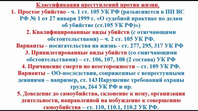 Уголовное право кратко. Особенная часть. Классификация преступлений против личности/жизни