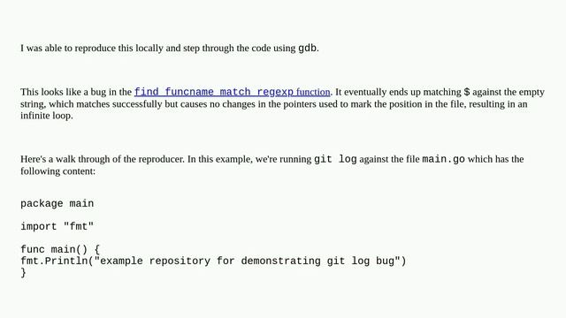 Why does '$' for funcname in git log -L cause an infinite search? смотреть онлайн