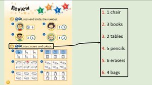 Kid's Box Starter - Review - Unit 1, 2, 3, and 4 - 2 - Listen, count and colour.