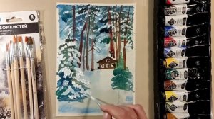 В ГЛУБИНЕ ЛЕСА-ДОМИК.Как нарисовать лес и домик акрилом.HOUSE in the winter FOREST How to draw