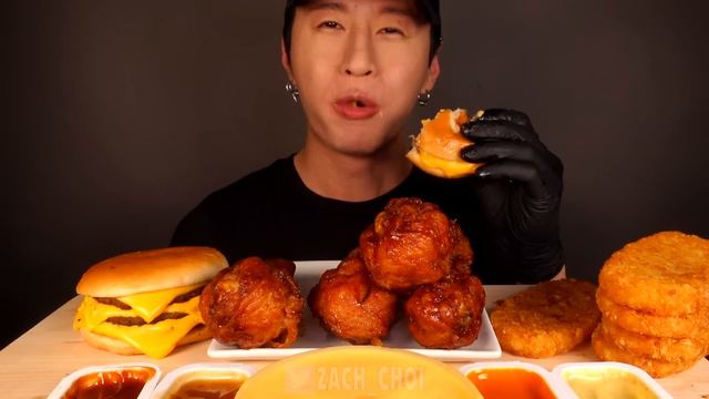ASMR CHEESY BBQ CHICKEN & TRIPLE CHEESEBURGERS & HASH BROWNS (No Talking) EATING SOUNDS