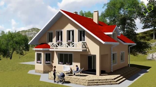 Проект дома Мадам Бовари C-016 с мансардой, четырьмя спальнями, угловой террасой и гаражом смотреть онлайн